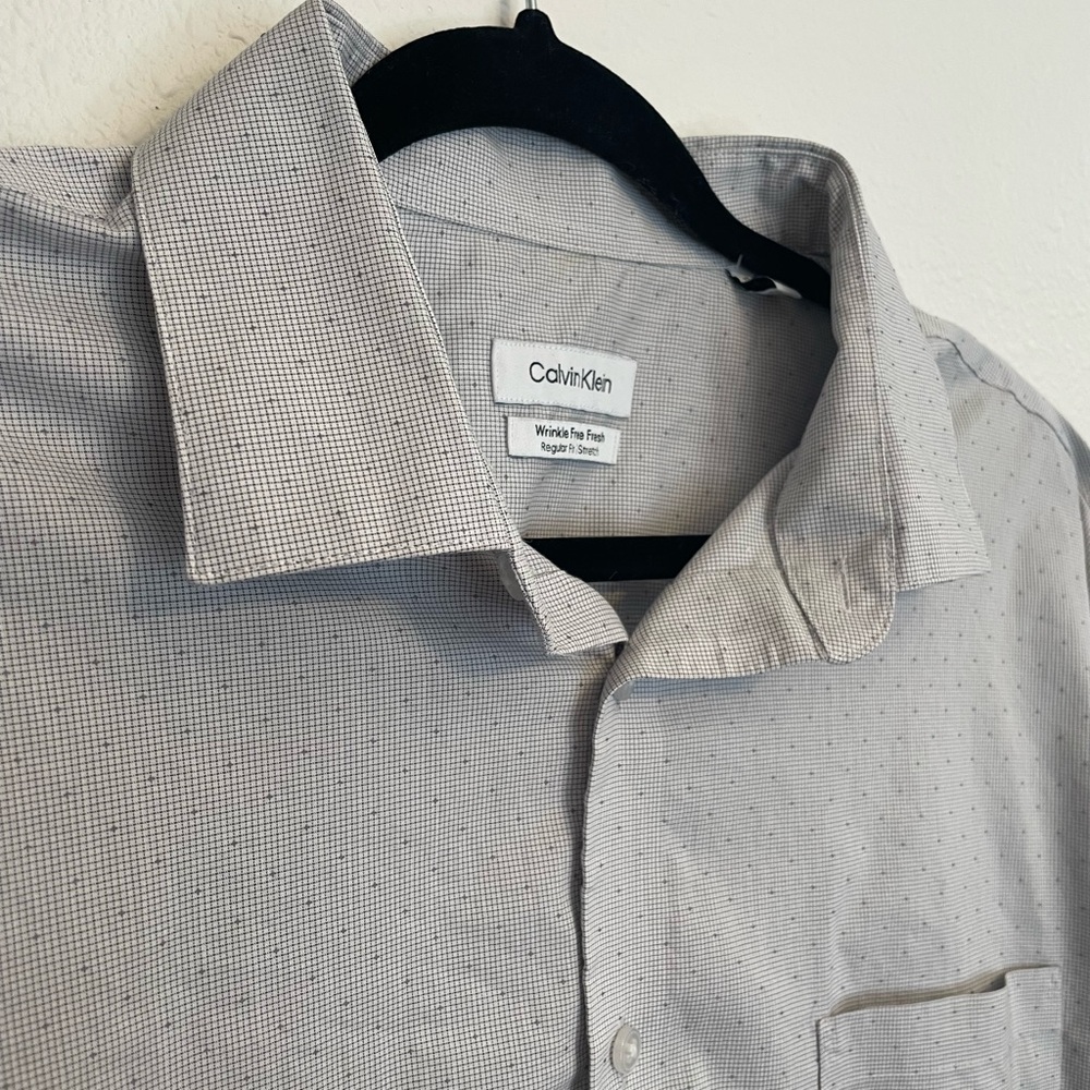 Calvin Klein Mens Dot Print Logo Button Up Gray Navy XL Regular Fit Wrinkle Free